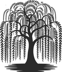 Silhouette of a beautiful weeping willow tree with cascading branches, natural elegant design, black and white illustration, vector art, nature-inspired graphic, isolated tree silhouette,  © Hasan Creatives