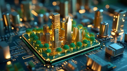 Futuristic Golden Cityscape Integrated into Computer Chip with Trees and Circuit Board Elements Depicting Advanced Smart Technology Concept
- Powered by Adobe