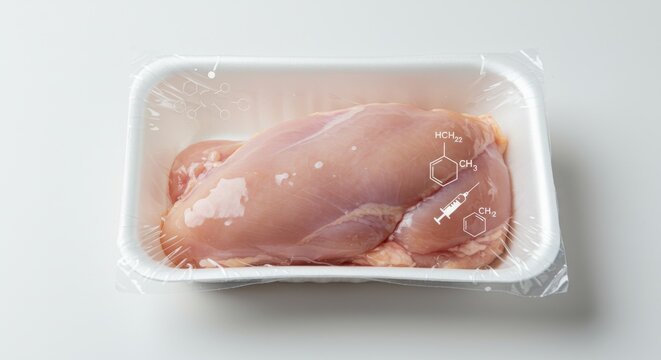Packaged chicken meat with hormone labels and plastic wrap
