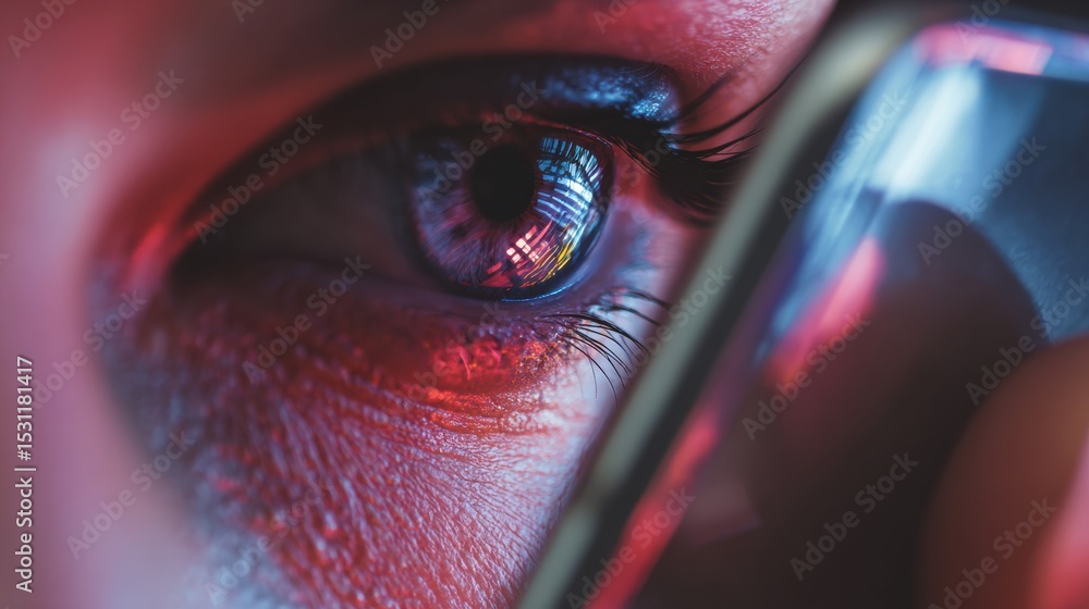 Poster Stylized Eye Reflecting Neon Colors From Smartphone Screen in a Cyberpunk Setting With a Minimal Background