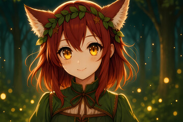 Enchanting anime fox girl with glowing golden eyes and leaf crown in a mystical forest surrounded by magical fireflies, showcasing detailed fantasy art with warm, ethereal ambiance.