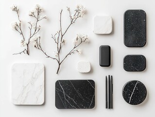 Modern Monochrome Stationery Flat Lay with Marble Textures