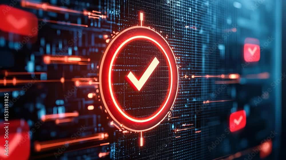 Poster glowing red checkmark digital interface with futuristic technology, cyber security verification, abs
