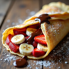 Delicious Fruit Crepe with Strawberries, Bananas, and Chocolate Sauce