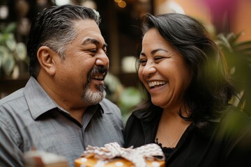 Portrait of a smiling latino couple in their 40s exchanging romantic gifts on a special occasion
