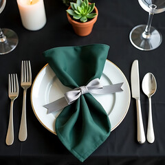 Elegant Dinner Table Setting with Navy Napkin and White Roses