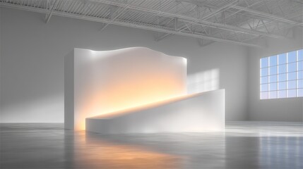 Modern White Room with Geometric Shapes and Sunlight