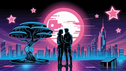Futuristic cityscape romance couple silhouette design perfect for branding and logo design