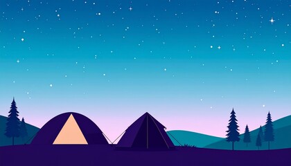 Astro tourism concept. Starry night scene with tents and trees in a serene landscape.