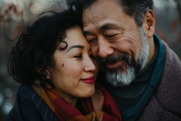 Portrait of a happy multicultural couple in their 40s exchanging glances