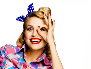 Pin up girl. Happy expressive woman show ok, search sign gesture, look throw her hand. Retro and vintage. Isolate white background. Rockabilly fashion. Pop art style image. Ophthalmology ad concept