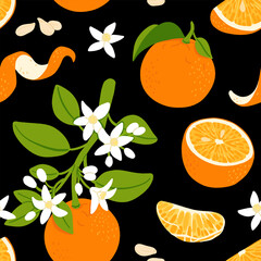Orange fruit. Pattern of oranges on a black background. Whole orange fruit, cut in half and into slices. The design is great for wallpaper, fabric, labels, packaging.
