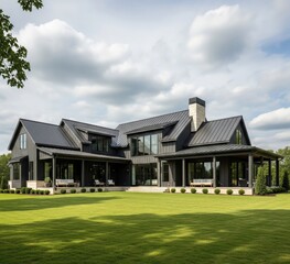 Obraz premium Modern Black Farmhouse Exterior with Expansive Green Lawn.