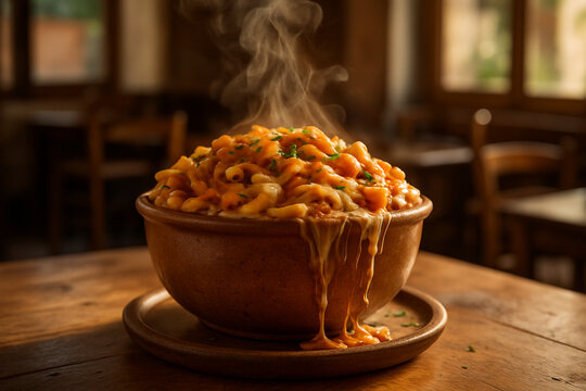 Macarronada overflowing from a rustic ceramic bowl | steam rising, herbs sprinkled, melted cheese strands | wooden table setting in a sunlit Italian trattoria | hyperrealistic f