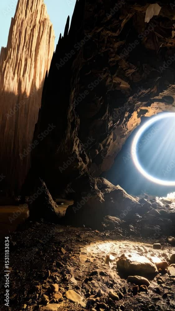 Poster sunlight streams through a circular opening in a dark, rocky cave, illuminating the textured ground 