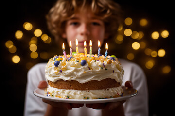 Boy holding birthday cake with lit candles, cheerful expression visible while looking at camera. Sparkling lights create joyful ambiance. Concept of celebration, events, party