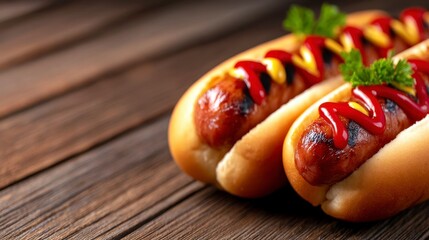 4th of July hot dogs with ketchup and mustard on wood background. Delicious grilled frankfurters relish condiment picnic summer celebration wooden plank backdrop.