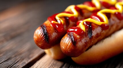 4th of July hot dogs with ketchup and mustard on wood background. Delicious grilled frankfurters relish condiment picnic summer celebration wooden surface.