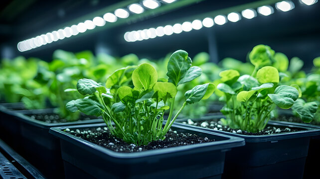 Indoor hydroponic greens growing under led lights