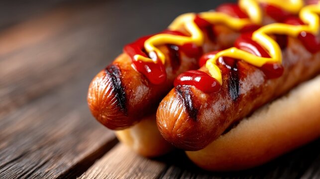 4th of July hot dogs with ketchup and mustard on wood background. Delicious grilled frankfurters relish condiment picnic summer celebration wooden surface.