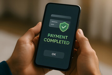 Hands holding smartphone displaying payment completed screen with security shield icon