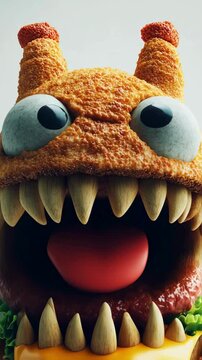 Hungry Monster Burger 3D Render of a Playful Creature Devouring a Delicious Hamburger