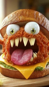 Monster Burger Funny Food  with Googly Eyes and Crispy Chicken