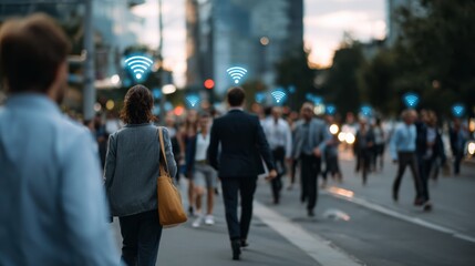 Fototapeta premium People walking busy city street, surrounded by modern buildings, with digital Wi Fi symbols above their heads, representing connectivity and urban life. scene captures vibrant atmosphere