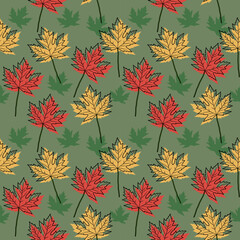 Maple pattern. Cute hand drawn maple on a green background. Hand-drawn seamless pattern for textiles and cards.