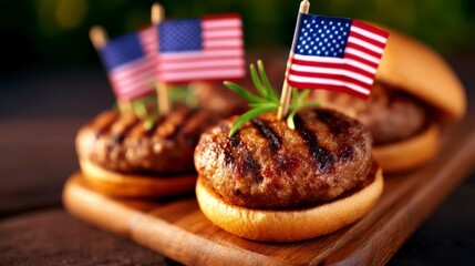 cheese burgers on tray with flags in 4th of july theme. Patriotic culinary display featuring delectable cheeseburgers arranged on a serving platter adorned with festive decorations