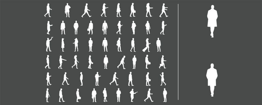 White silhouette people walking, standing, working, modern character pose set, grey background, vector illustration, casual lifestyle, isometric icon, business and daily motion