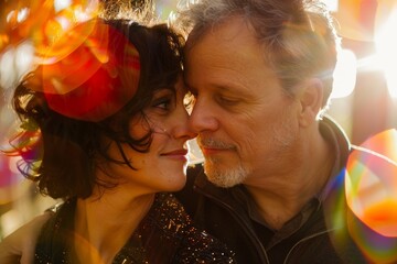 Portrait of a blissful couple in their 40s exchanging glances