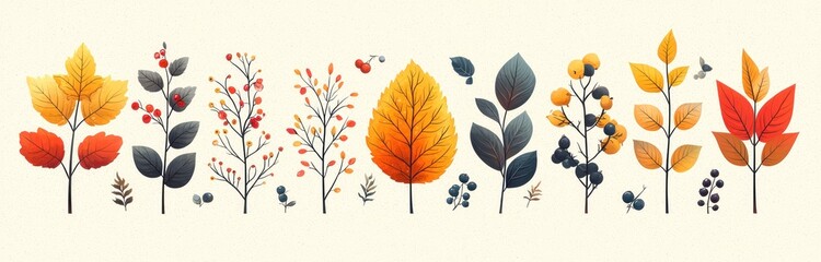 Colorful autumn leaves berries and pumpkin illustration in hand drawn style on textured light background Generative AI