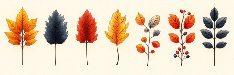 Colorful autumn leaves berries and pumpkin illustration in hand drawn style on textured light background Generative AI