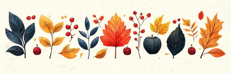 Colorful autumn leaves berries and pumpkin illustration in hand drawn style on textured light background Generative AI
