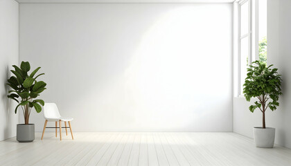 Fototapeta premium Bright Minimalist Room with White Walls and Potted Plants