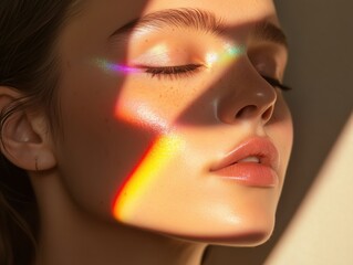 Portrait of a woman in half-shadow with soft rainbow makeup. Minimalist background, introspective and focused mood. High sharpness and detail. Perfect for art projects and themes of self-awareness.