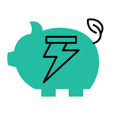 The green piggy bank features leaves and lightning bolts, conveying the concept of environmentally friendly energy saving for sustainable living.