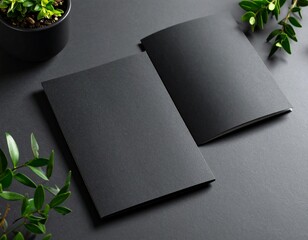 Blank Black Brochure Mockup with Plants on a Dark Desk