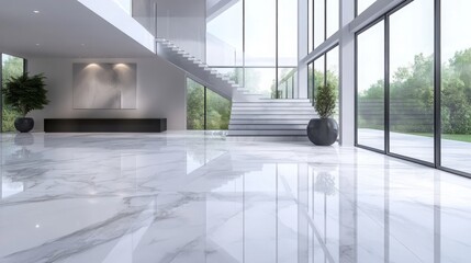 Obraz premium Modern interior design featuring spacious marble foyer with large windows and elegant staircase in a contemporary home