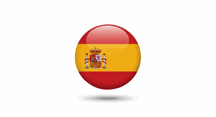 Naklejka premium A glossy 3D circular button or badge featuring the national flag of Spain with its coat of arms, a shiny vector illustration symbol of Spanish patriotism, isolated on a white background.