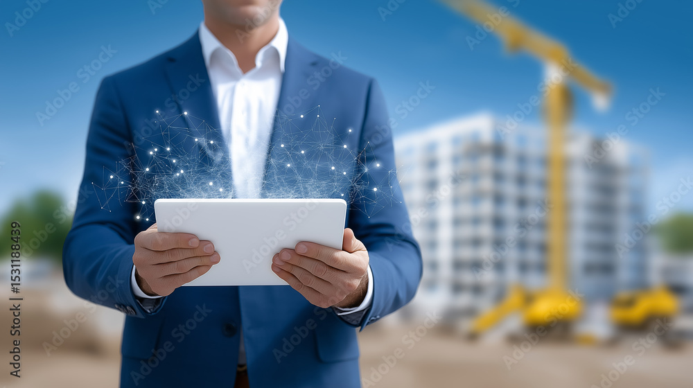 Aufkleber construction professional holding tablet displaying digital graphics in front of building site with 