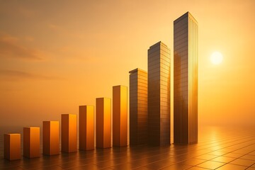 Golden Business Graph with Skyscrapers at Sunrise Over Cityscape