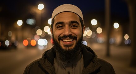 Smiling muslim man with beard and kufi cap in city at night with bokeh lights