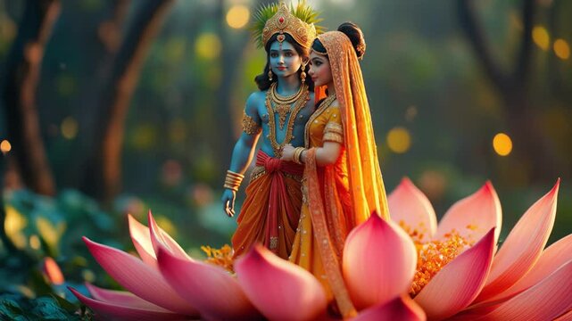 Hindu deities Krishna and Radha standing on lotus flower.