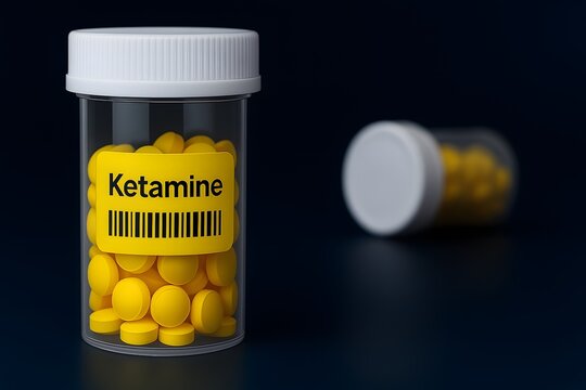 realistic ketamine tablet container filled with yellow pills and barcode label, placed on a dark clinical background, ideal for pharmaceutical or mental health therapy visuals