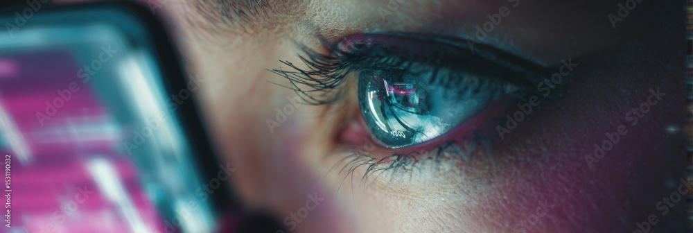 Poster stylized eye reflecting a smartphone screen in vibrant cyberpunk colors with a minimal right area