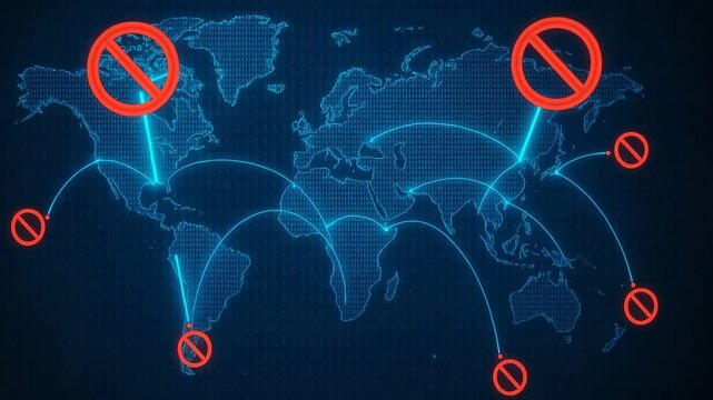 A digital world map showcasing restricted access points with red prohibition symbols, highlighting cyber security issues and areas with limited internet connectivity.
