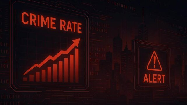 A visual representation of rising crime rates, showcasing a red alert warning and an upward trend graph. Perfect for discussions on safety, crime statistics, and urban studies.
