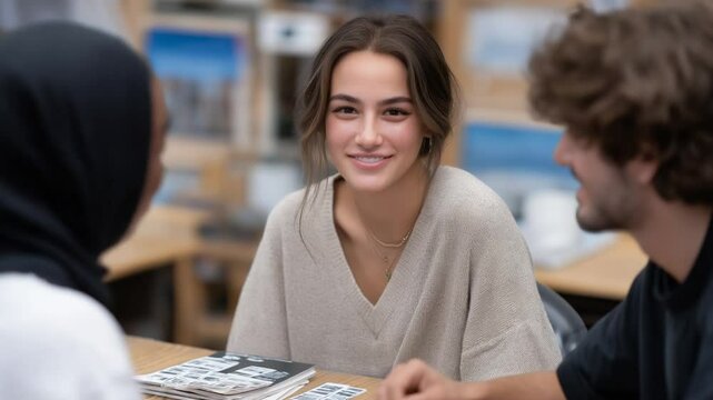 "Engage with a heartwarming scene of refugees learning English from a dedicated volunteer teacher in a vibrant classroom setting."